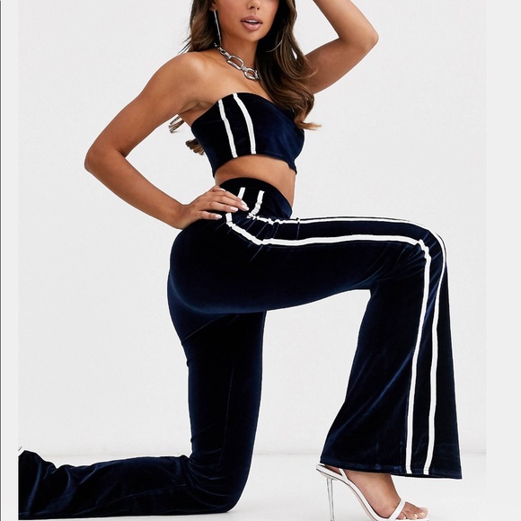 FASHIONKILLA Blue Velour Tube Top and High Waist Flare Pant with White Stripes - Picture 2 of 13